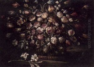 Still Life Of Flowers In A Basket On A Table Still Life Of Flowers In A Basket On A Table