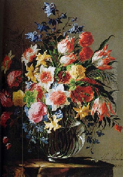 Still Life Of Roses, Tulips And Other Flowers In A Glass Vase, On A Stone Pedestal - view 1