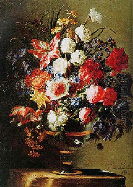 Still Life With Roses, Tulips And Other Flowers In Glass And Ormolu Vase, On A Stone Pedestal - view 1
