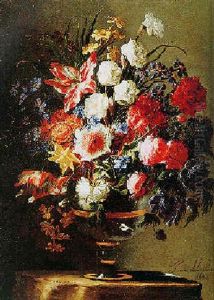 Still Life With Roses, Tulips And Other Flowers In Glass And Ormolu Vase, On A Stone Pedestal by Juan De Arellano