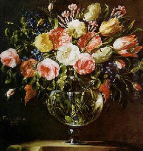 Still Life Of Roses And Other Flowers In A Glass Vase On Stone Plinths by Juan De Arellano