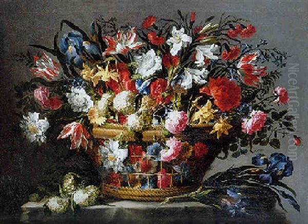 Tulips, Daffodils, Roses, Irises, Carnations And Other Flowers In A Wicker Basket - view 1