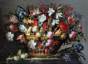 Tulips, Daffodils, Roses, Irises, Carnations And Other Flowers In A Wicker Basket by Juan De Arellano
