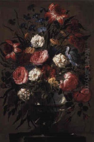 Roses And Other Flowers In A Glass Vase On A Stone Ledge - view 1
