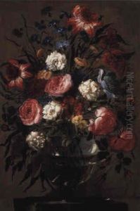Roses And Other Flowers In A Glass Vase On A Stone Ledge Roses And Other Flowers In A Glass Vase On A Stone Ledge