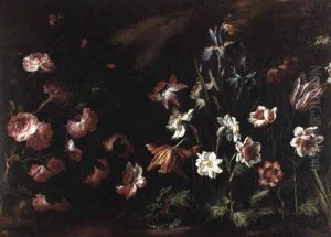 A Pink Rosebush, Parrot Tulips And Other Flowers With Butterflies A Pink Rosebush, Parrot Tulips And Other Flowers With Butterflies