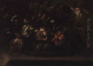 Cesta Con Flores Sobre Un Plinto De Piedra