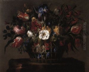 Iris And Other Flowers In A Basket On A Stone Pedestal