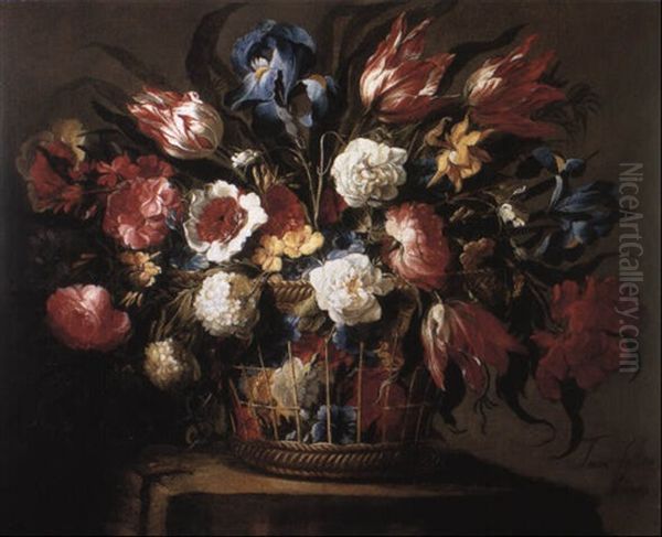 Irises And Other Flowers In A Basket On A Stone Ledge - view 1