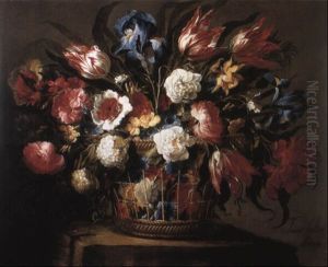 Irises And Other Flowers In A Basket On A Stone Ledge by Juan De Arellano