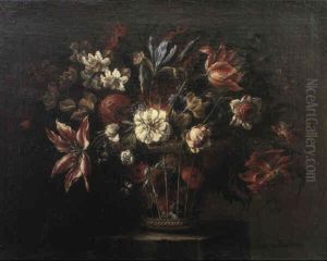 Tulips And Other Flowers In A Basket On A Stone Ledge