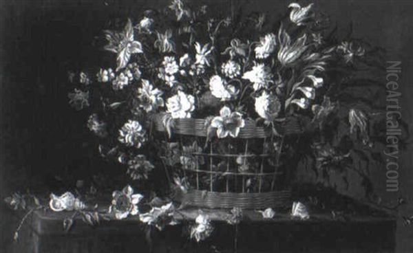 Tulips And Other Flowers In A Basket Upon A Stone Ledge - view 1
