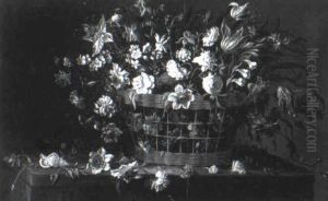 Tulips And Other Flowers In A Basket Upon A Stone Ledge