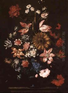 Still Life Of Flowers In A Bluestone Vase On A Pedestal