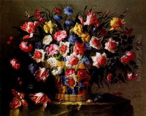Still Life Of Variegated Tulips, Roses, Anemone, Love-in-a  Mist (nigella), Cornflowers, Daffodils And Other Flowers...