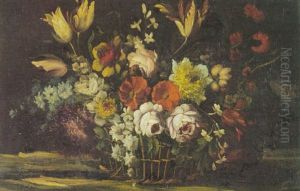 Still Lives With Basket Of Flowers (a Pair) by Juan De Arellano