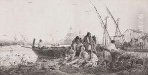 Fischergruppe Bei Ihren Booten Vor Venedig by Andreas Achenbach