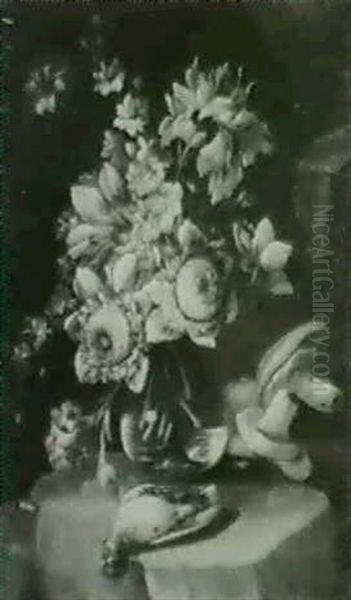 Still Life Of Mixed Flowers Ina Glass Vase With A Finch And Funghi On A Ledge - view 1