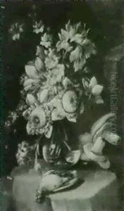 Still Life Of Mixed Flowers Ina Glass Vase With A Finch And Funghi On A Ledge
