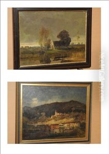 View Of A Hillside Town Under A Stormy Sky (+ Cottage Beside Trees In A Continental Landscape, Smllr; 2 Works) by Carl Oskar Arends