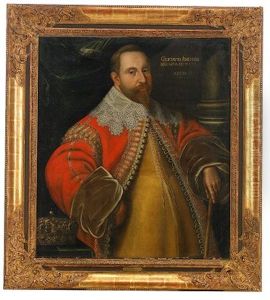 Portratt Av Gustav Ii Adolf Ikladd Gul Drakt Och Rod Rock Med Ymnig Brodyr Samt Spetskrage - Staende Midjebild I Interior Med Kungakrona