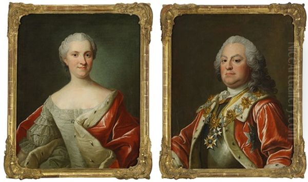 Portratt Av Riksradet Friherre Nils Palmstierna (1696-1766) I Hermelinbramad Rock Barandes Serafimerordens Kedja Och Friherrinnan Anna Christina Palmstierna, Nee Lagerberg (1728-1803) Ikladd Hermelinbramad Mantel - Ett Par Midjebilder (pair) - view 1