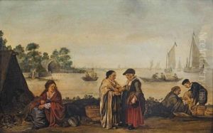 A River Landscape With A Fisher Woman Giving A Coin To A Gypsy by Arent (Cabel) Arentsz