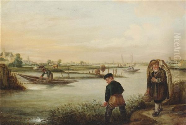 A River Landscape With Fishermen At Work, Emptying Their Nets - view 1
