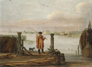An Extensive River Landscape With A Fisherman By The Quayside