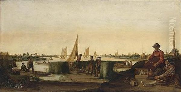 An Extensive River Landscape With Fishermen And Their Boats, A Couple With Their Ware In The Right Foreground - view 1