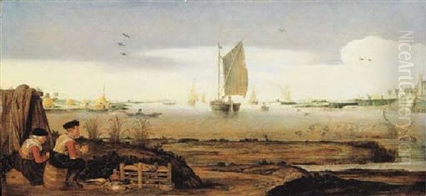 An Estuary Landscape With A Peasant Couple Catching Duck With Decoys, Harvesters By The Shore And Shipping On The Water Beyond - view 1