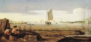 An Estuary Landscape With A Peasant Couple Catching Duck With Decoys, Harvesters By The Shore And Shipping On The Water Beyond by Arent (Cabel) Arentsz