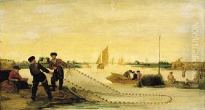A River Landscape With Two Fishermen Pulling In Their Nets, With Bathers Beyond