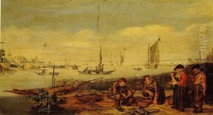 An Estuary Scene, With Fishermen Displaying Their Catch To A Peasant Couple On The Shore by Arent (Cabel) Arentsz