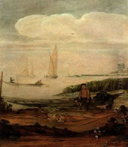 A River Landscape With A Fisherboy Mending A Net Seated On A Punt On The Shoreline, Other Shipping Beyond by Arent (Cabel) Arentsz