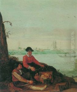 Fisherfolk On The Banks Of An Estuary With Rowboats, Bathers And A Windmill Beyond by Arent (Cabel) Arentsz