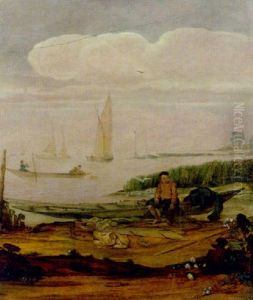 A River Landscape With A Fisherboy Seated On A Boat By The Shore, Other Shipping Beyond by Arent (Cabel) Arentsz