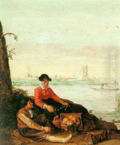 Fischerfolk On The Bank Of An Estuary With Rowboats, Bathers And A Windmill Beyond by Arent (Cabel) Arentsz