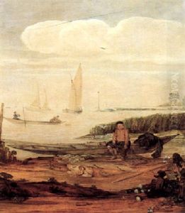 River Landscape With Fishermen And Boats And A Young Boy Seated With Fishing Nets
