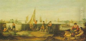 Fishermen On The Banks Of A River Estuary, With Rowing And Sailing Boats Beyond by Arent (Cabel) Arentsz