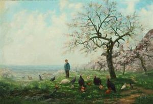 Spring Landscape With Orchard In Blossom And Grazing Turkeys And Hens by Eugene D' Argence