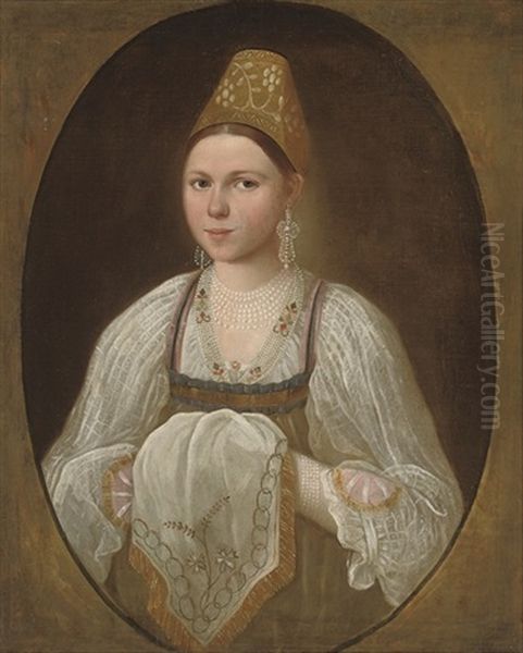 Portrait Of A Young Woman In Traditional Russian Costume - view 1