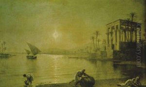 Figures In A Classical River Landscape By Moonlight by Fortunato Ariolla
