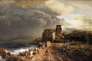 Verschattete Landschaft Am Meer Mit Figurenstaffage by Oswald Achenbach