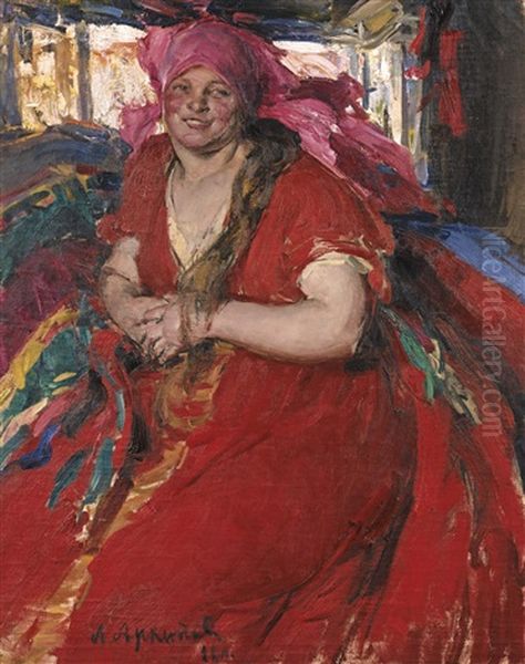 Peasant Woman In A Red Dress by Abram Efimovich Arkhipov