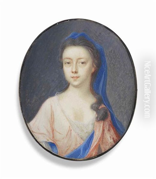 A Young Lady, In Blue-lined Pink Dress, Wearing Long Blue Veil - view 1