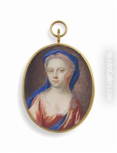 A Young Lady, In Pale Orange Dress, Blue Sash Over Her Shoulder, Wearing A Blue Veil A Young Lady, In Pale Orange Dress, Blue Sash Over Her Shoulder, Wearing A Blue Veil