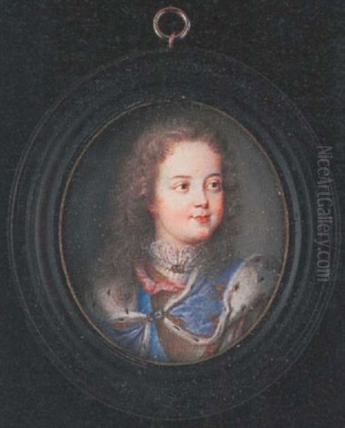 Louis Xv As A Child, Wearing Ermined Lined Blue Cloak Held With A Sapphire Brooch, Pink Ribbon And Armoured Breast-plate Over White Lace Chemise With Matching Brooch - view 1