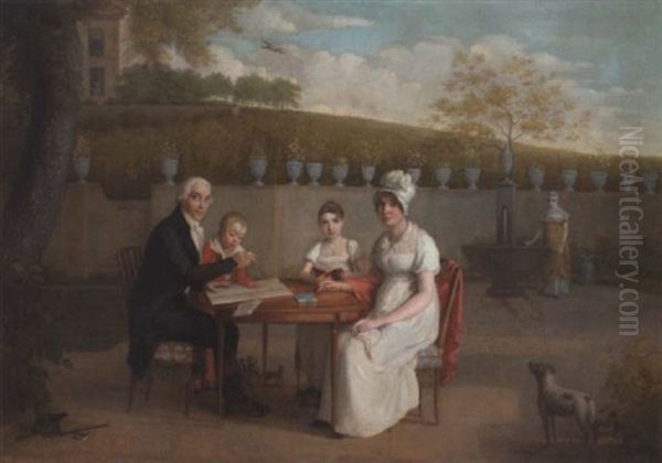 Portrait Of The Arlaud Family, Seated At A Table In An Enclosed Garden, A Vineyard Beyond - view 1