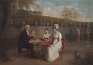 Portrait Of The Arlaud Family, Seated At A Table In An Enclosed Garden, A Vineyard Beyond by Marc-Louis Arlaud